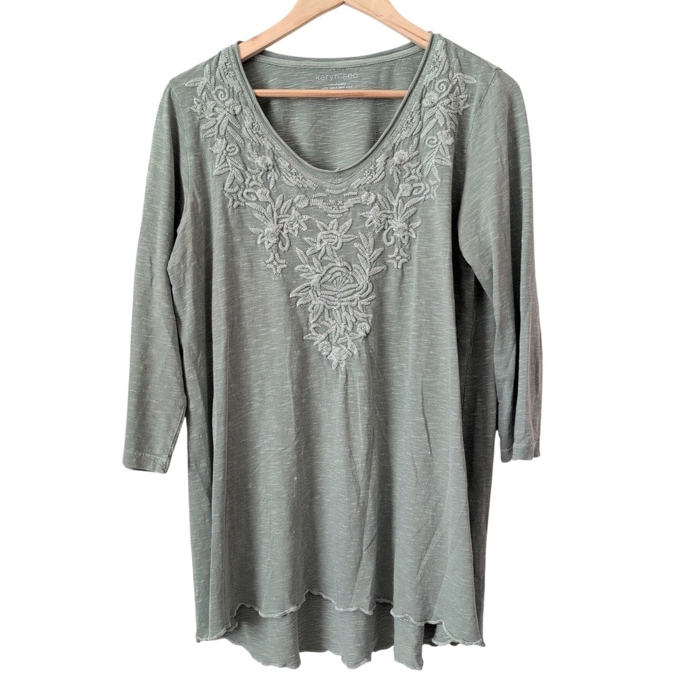 Karyn Seo Green Embroidered Tunic Top Long Sleeve V Neck Women's Large Lagenlook